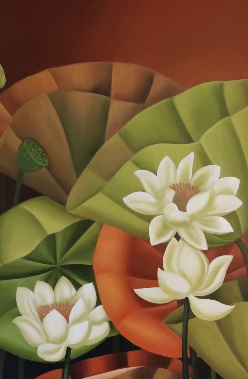White lotus among green pads and a terracotta ground, oil on canvas