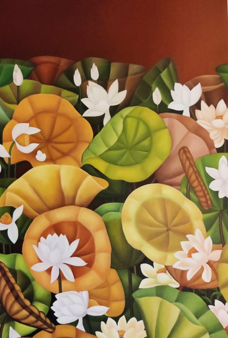 Lotus pond in gold, ochre and green, oil on canvas